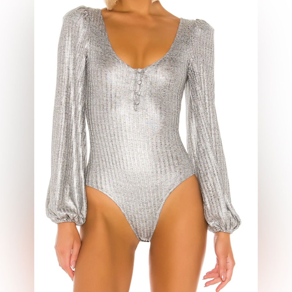 Tularosa Silver Metallic Ribbed Long Sleeve Bodysuit